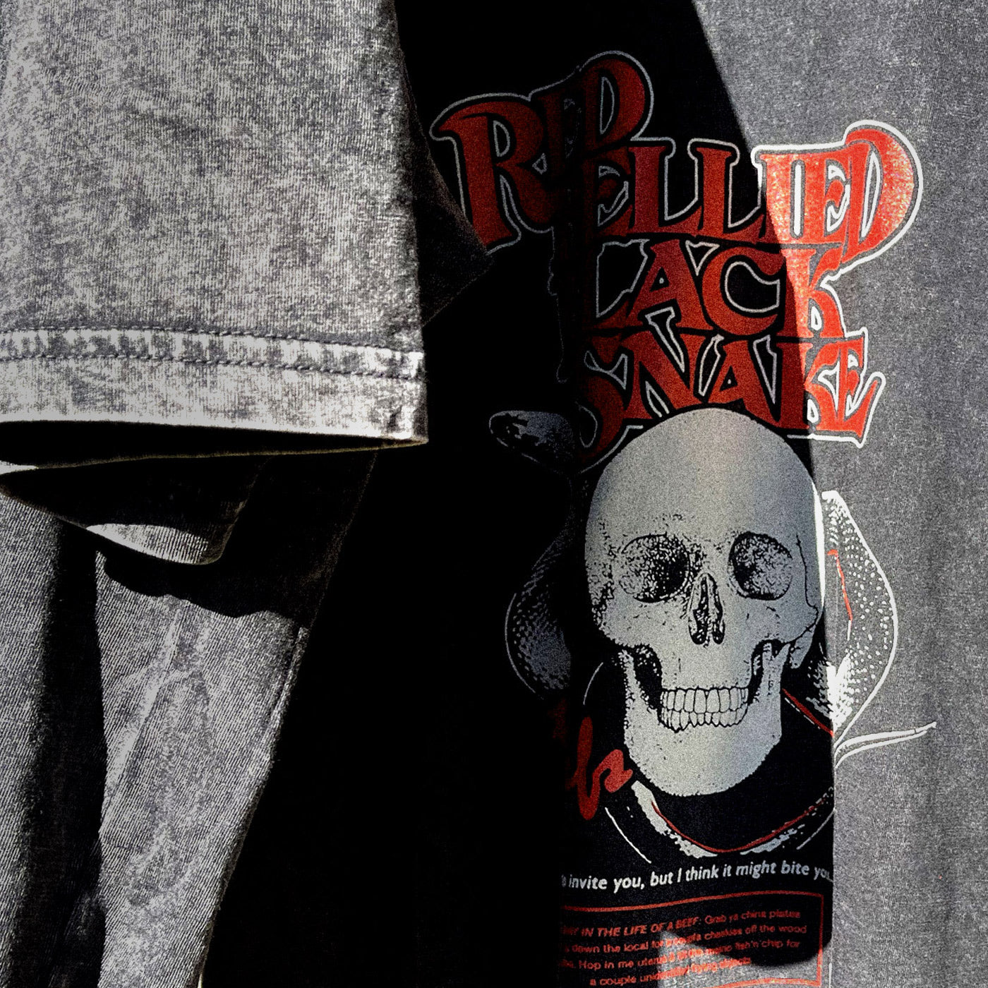 A close-up of the skull on The Beefs Red Bellied Black Snake t-shirt