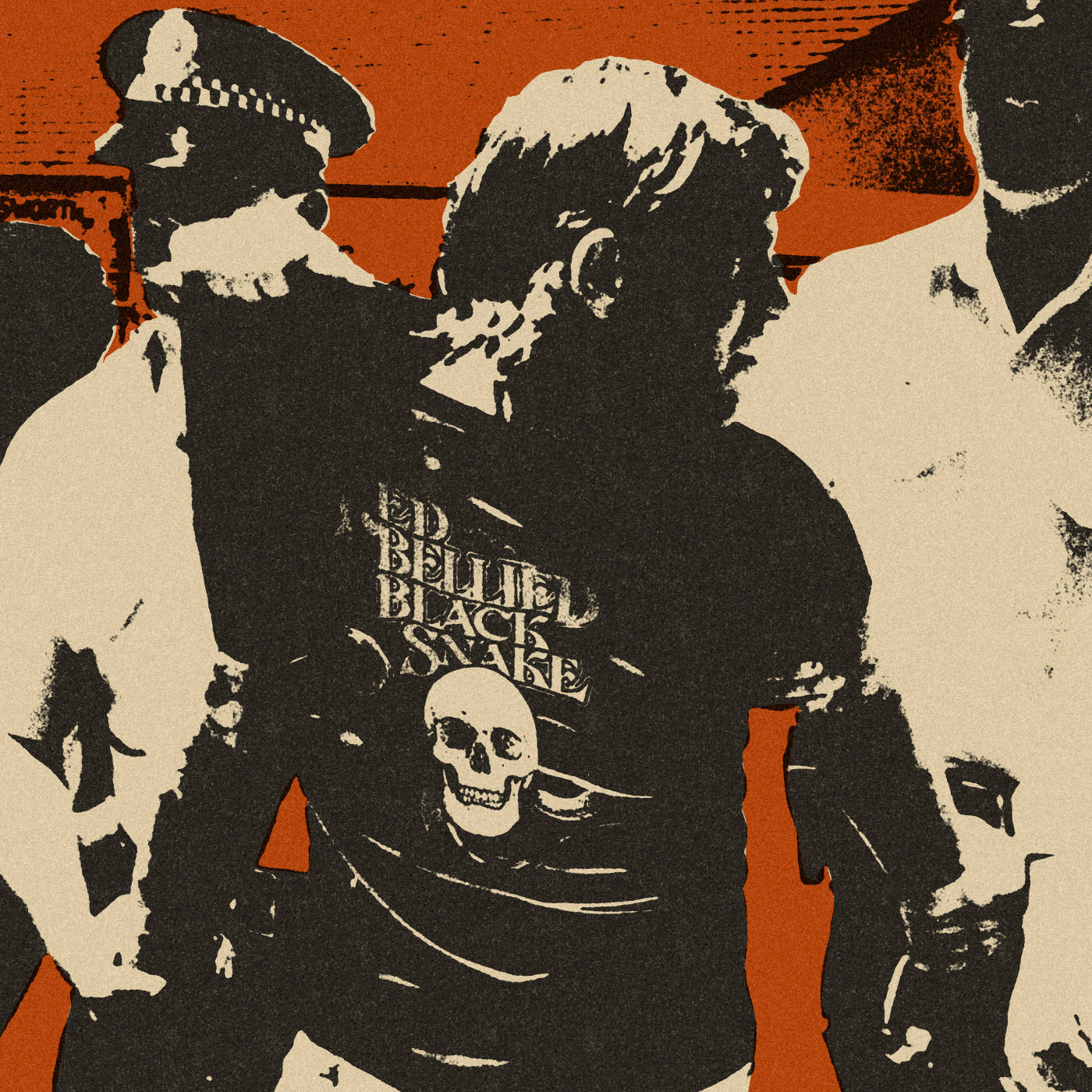 A photocopy image of an Australian man being dragged away by police in a Red Bellied Black Snake t-shirt