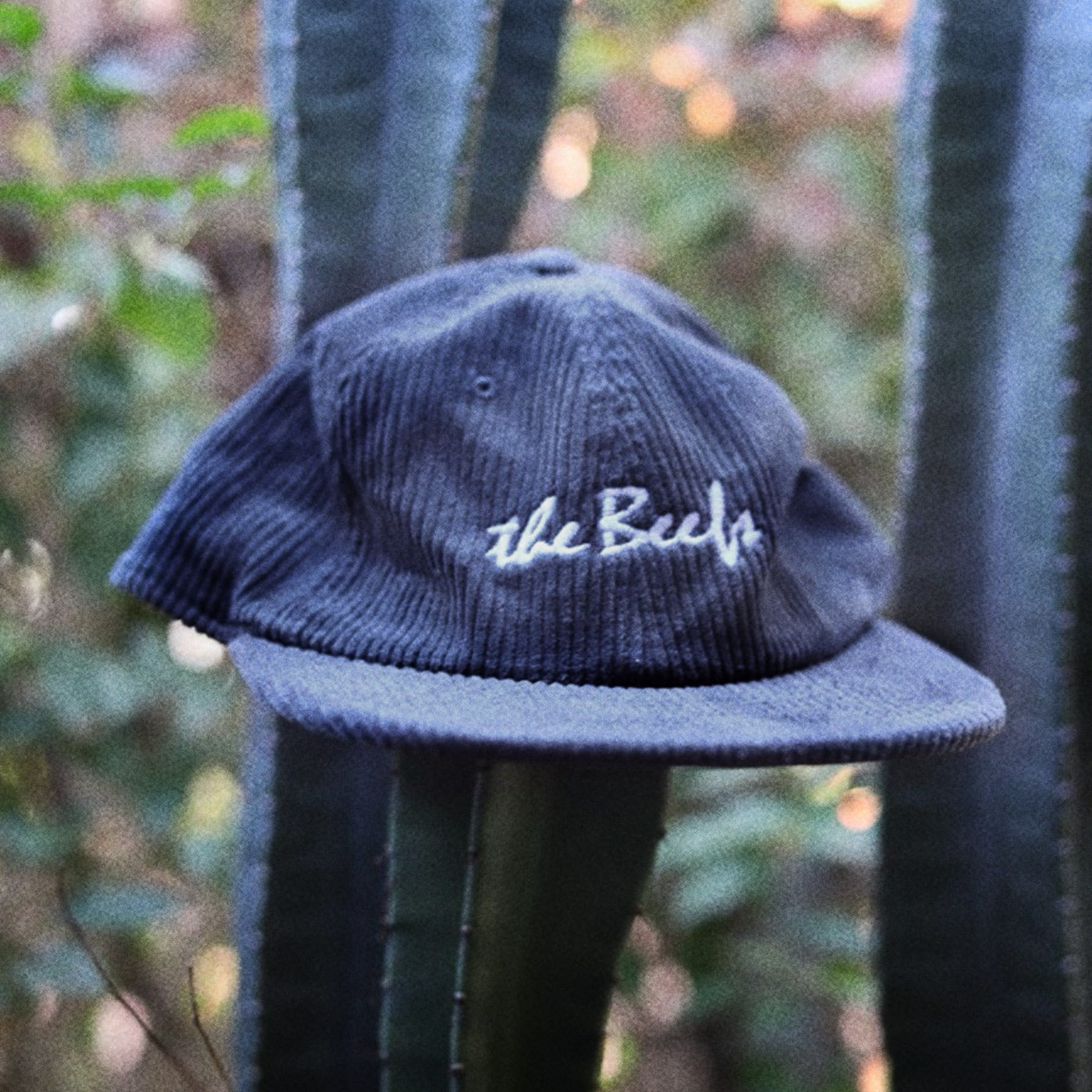 A steel blue cord cap with The Beefs logo photographed hanging on a cactus