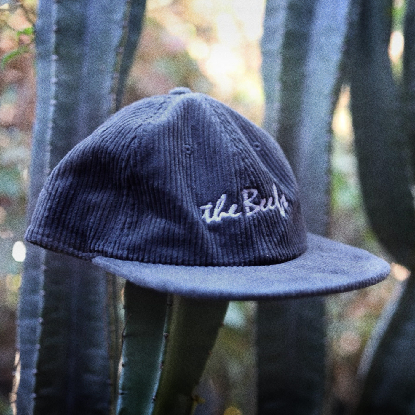 A steel blue cord hat with The Beefs logo photographed on an angle hanging on a cactus