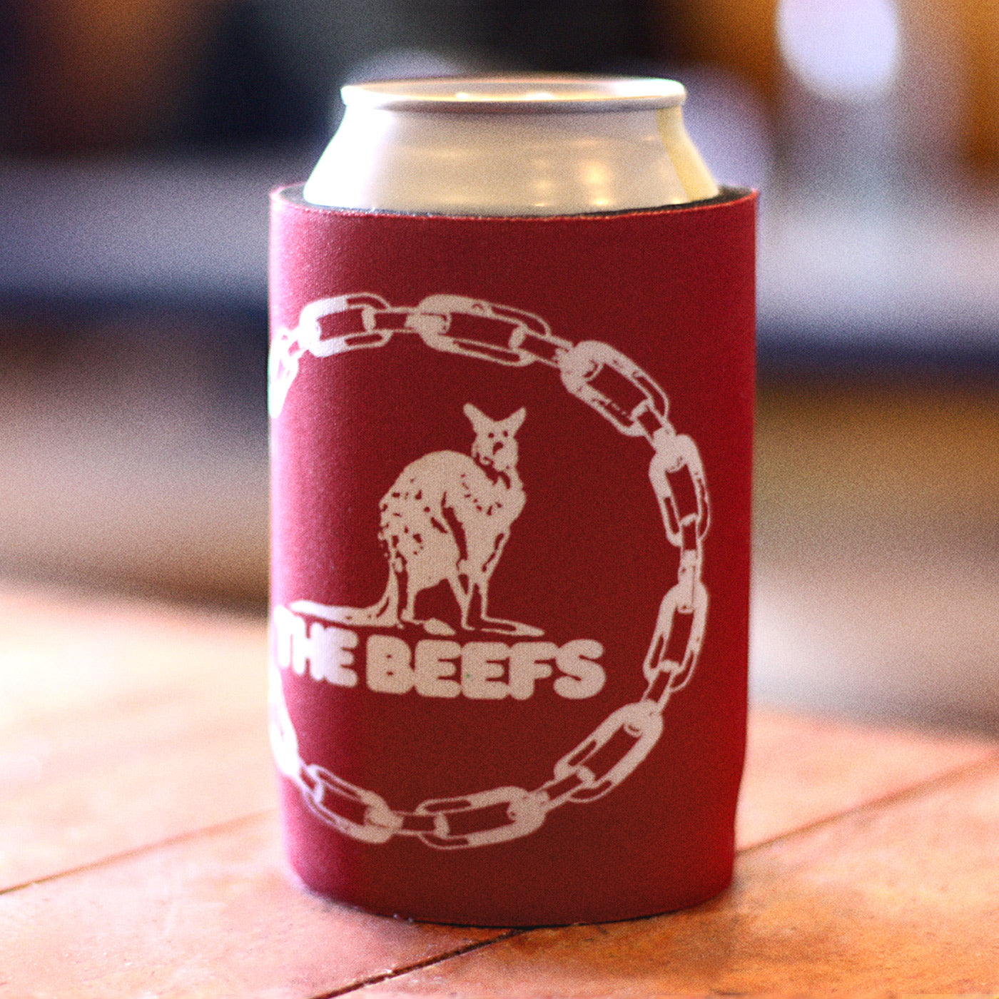 A can in a Beefs stubby holder